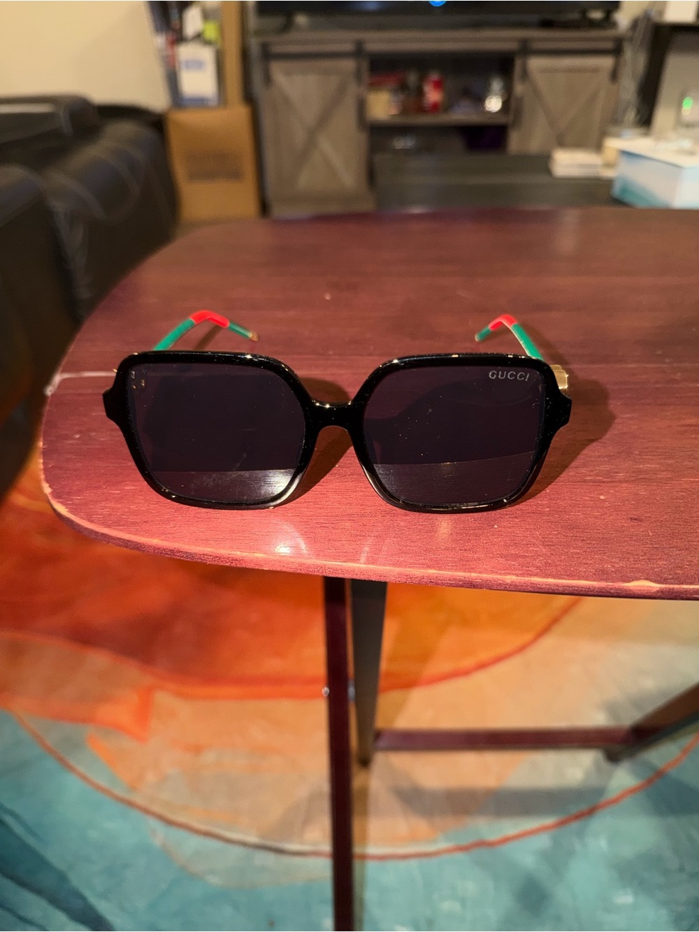 Gucci Black Square Sunglasses with Green and Red Temples